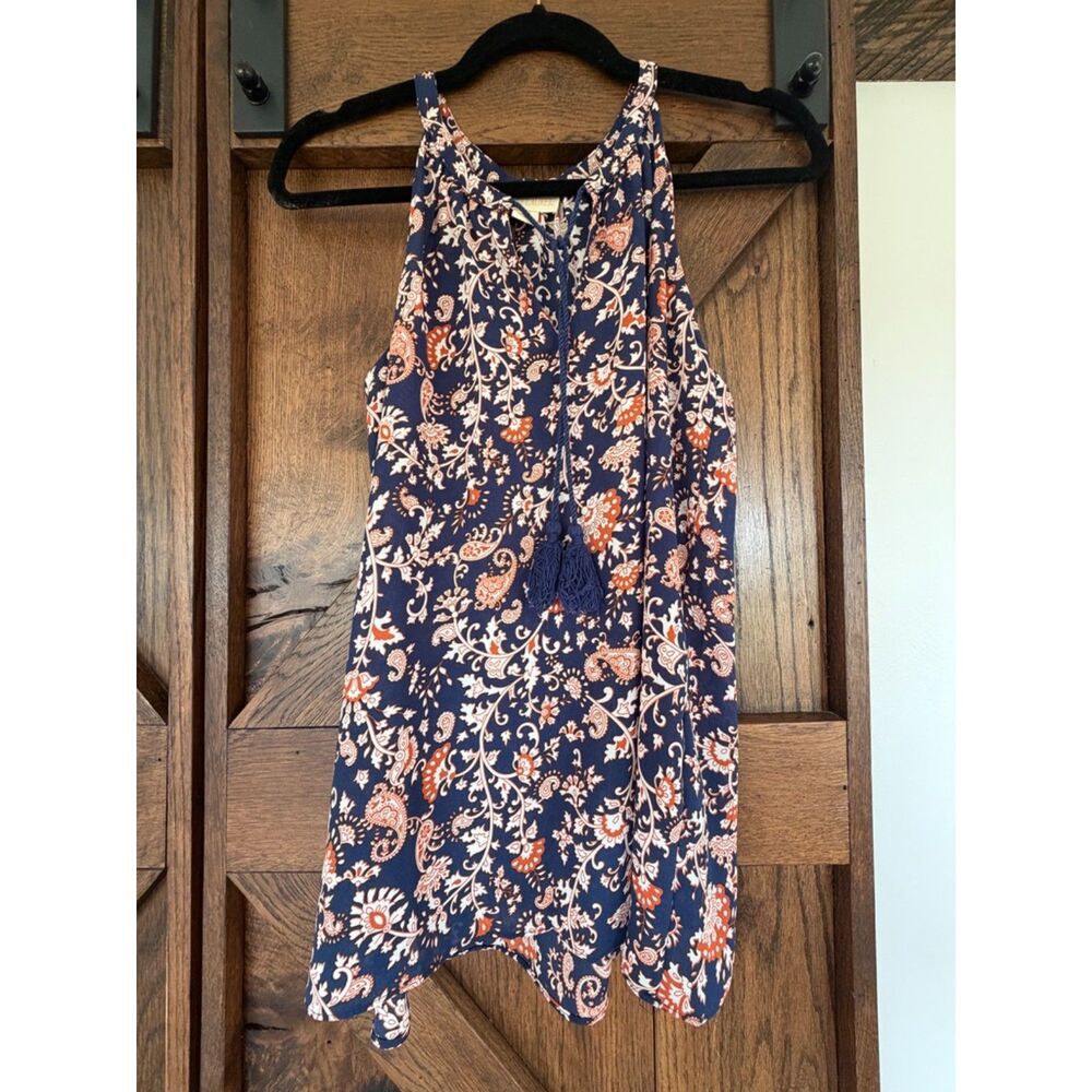 Lucy & Laurel Women’s XS Navy Rust Paisley Sleeveless Tassel Blouse Boho